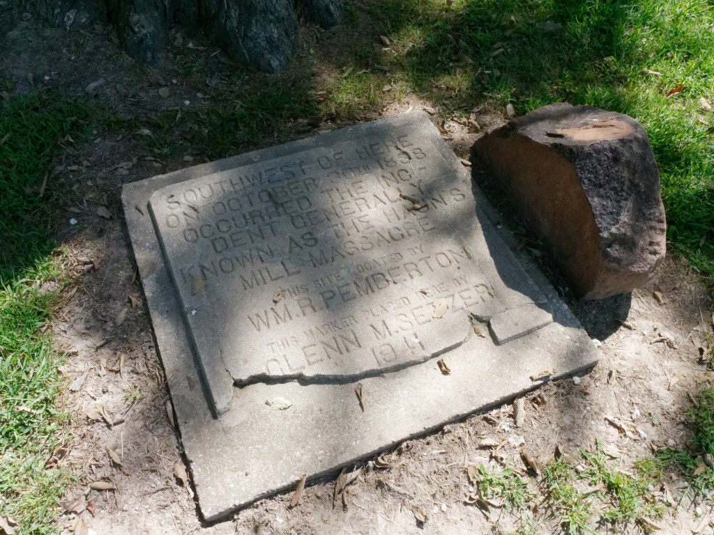 This is a memorial at the Mill Site.  It reads " Southwest of here on Oct 30, 1838 occurred the Incedent generally known as the haun's mill massacre."  This stone was placed in 1941.